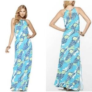 Lilly Pulitzer Inna Maxi Dress M Blue Shells Chain Beck Halter Resort Vacation